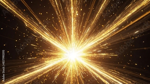 Bright explosion of golden and yellow light with black background, abstract background © MoezZ