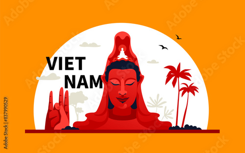 Sunset at Thanh Luong Phu Yen pagoda - modern colored vector illustration with buddha head and hand. Tourist destination for spiritual journey located in My Quang Nam village Vietnam. Nature beauty photo