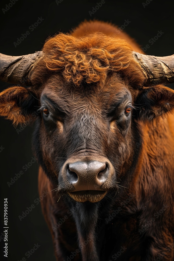 Mystic portrait of Gaur, copy space on right side, Anger, Menacing, Headshot, Close-up View Isolated on black background Mystic portrait of Gaur, copy space on right side, Anger, Menacing, Headshot, Close-up View Isolated on black background
