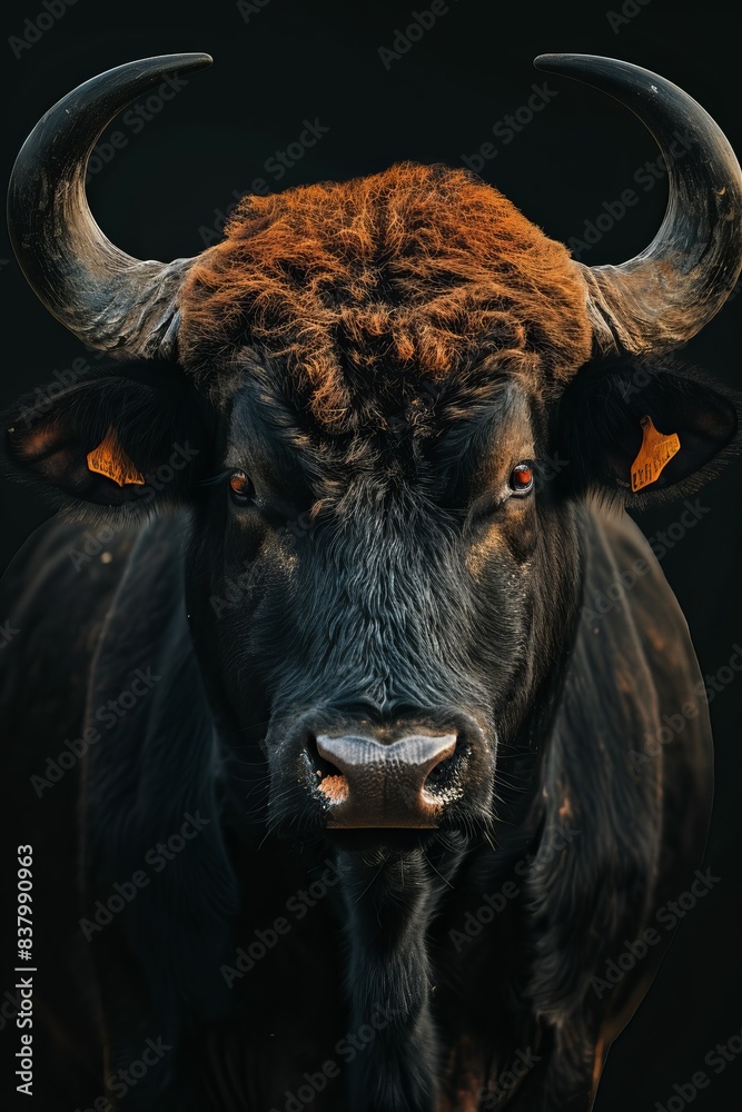 Mystic portrait of Gaur, copy space on right side, Anger, Menacing, Headshot, Close-up View Isolated on black background Mystic portrait of Gaur, copy space on right side, Anger, Menacing, Headshot, Close-up View Isolated on black background