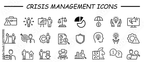 Risk Management web icon set in line style. Risk analysis  risk investment  minimizing losses  plan  low cost  collection. Vector illustration.