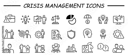 Risk Management web icon set in line style. Risk analysis, risk investment, minimizing losses, plan, low cost, collection. Vector illustration.