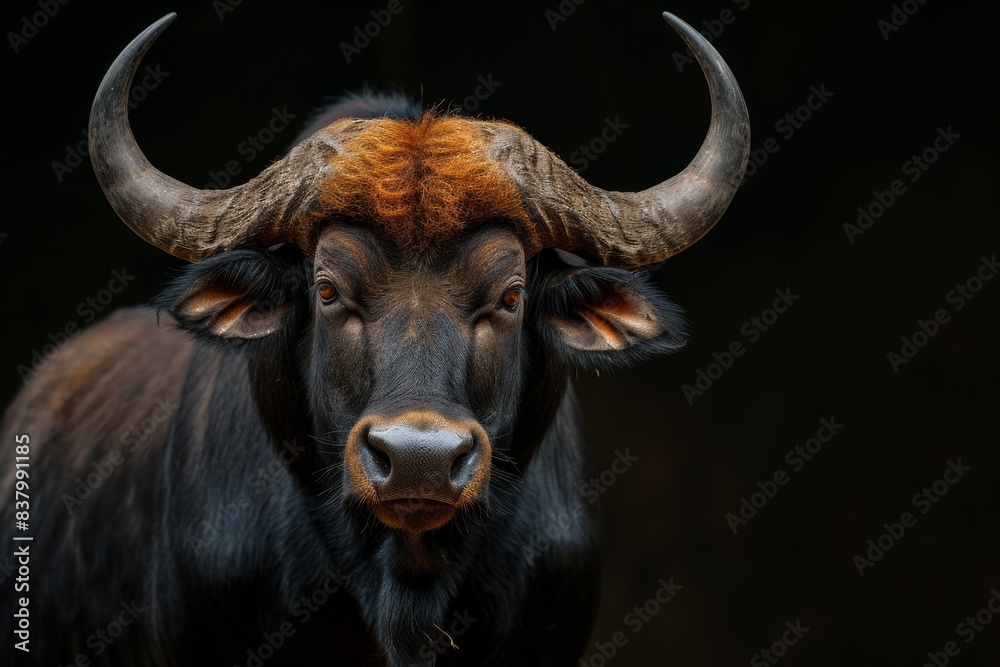 Mystic portrait of Gaur, copy space on right side, Anger, Menacing, Headshot, Close-up View Isolated on black background Mystic portrait of Gaur, copy space on right side, Anger, Menacing, Headshot, Close-up View Isolated on black background