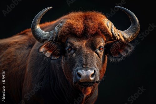 Mystic portrait of Gaur, copy space on right side, Anger, Menacing, Headshot, Close-up View Isolated on black background