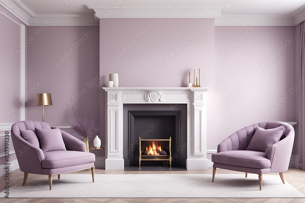 Fototapeta premium Luxury American Style Lounge Room with Mauve Chairs and Large Fireplace - Cozy Living Room Design