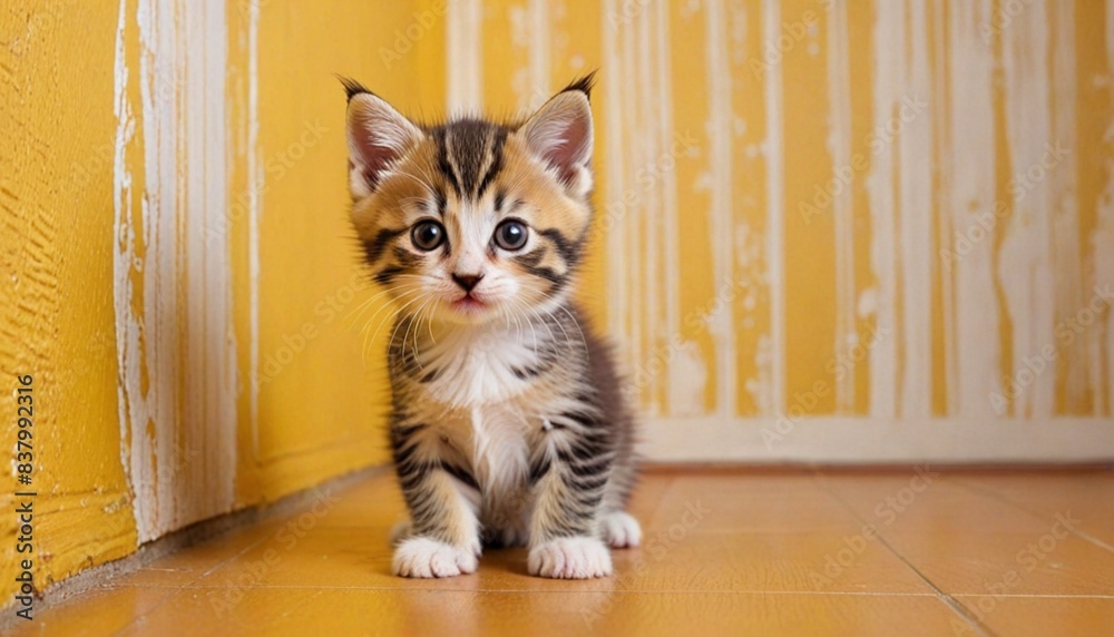 黄色い部屋の中にいるかわいい子猫 黄色い部屋の中にいるかわいい子猫