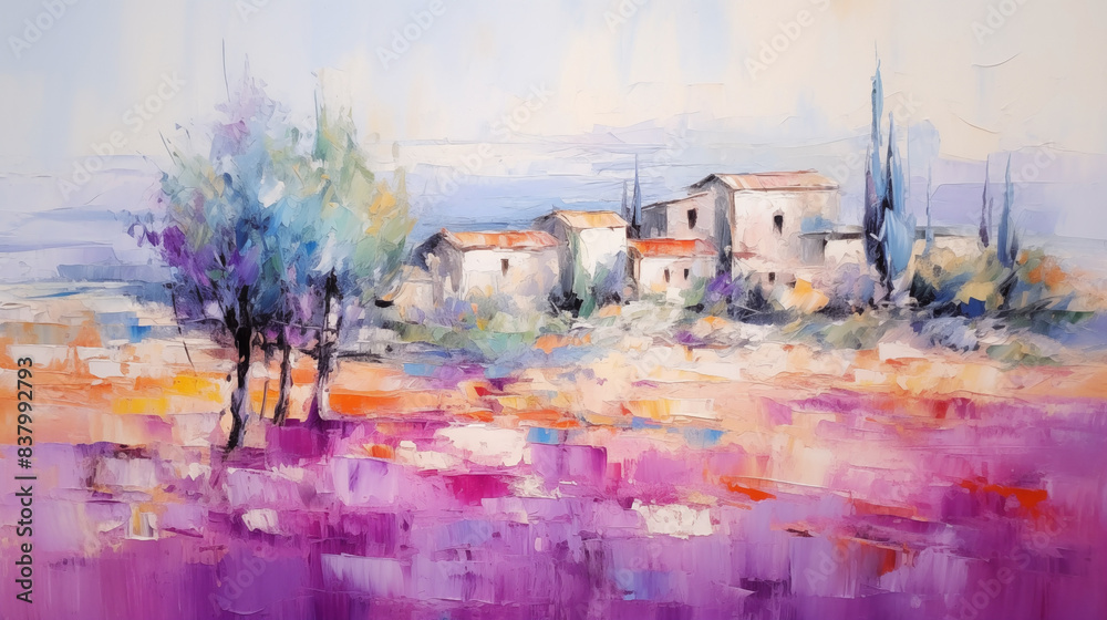 Obraz premium Impressionist art summer landscape with village and purple flowers