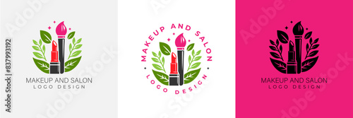 Makeup artist logo logo concept. Beauty Set for make-up: lipstick, mascara brush, makeup brush and leaves. beauty salon Logo vector template illustration