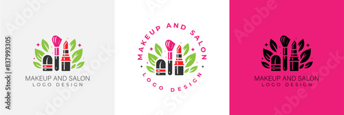 Makeup artist logo logo concept. Beauty Set for make-up: lipstick, mascara brush, makeup brush and leaves. beauty salon Logo vector template illustration