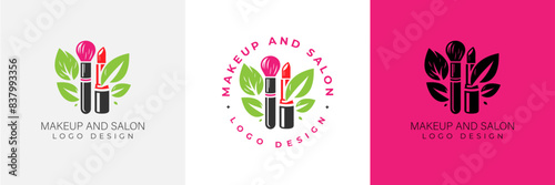Makeup artist logo logo concept. Beauty Set for make-up: lipstick, mascara brush, makeup brush and leaves. beauty salon Logo vector template illustration