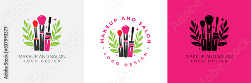 Makeup artist logo logo concept. Beauty Set for make-up: lipstick, mascara brush, makeup brush and leaves. beauty salon Logo vector template illustration