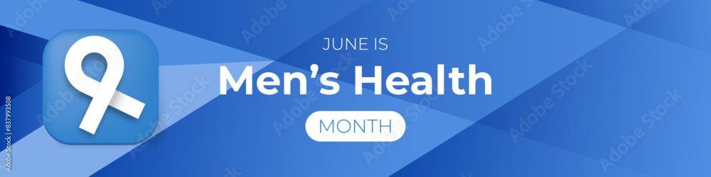 Mens health month concept horizontal banner design template with blue ribbon and text isolated on blue background. June is national mens health awareness month vector flyer or poster Mens health month concept horizontal banner design template with blue ribbon and text isolated on blue background. June is national mens health awareness month vector flyer or poster