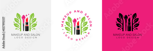 Makeup artist logo logo concept. Beauty Set for make-up: lipstick, mascara brush, makeup brush and leaves. beauty salon Logo vector template illustration