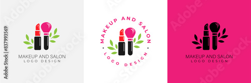 Makeup artist logo logo concept. Beauty Set for make-up: lipstick, mascara brush, makeup brush and leaves. beauty salon Logo vector template illustration