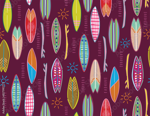 Colorful Hand drawn Surfboards Drawn Seamless Vector Pattern