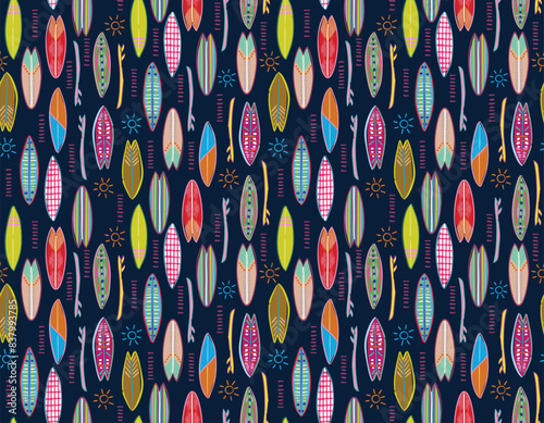 Colorful Hand drawn Surfboards Drawn Seamless Vector Pattern