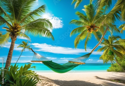 tropical beach scene hammock two palm trees under blue sky  sand  ocean  relaxation  vacation  leisure  tranquil  paradise  peaceful  serene  sunny  day