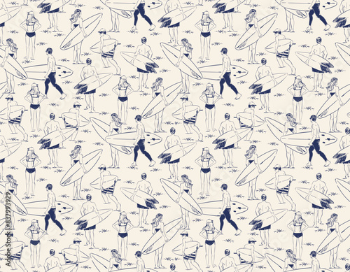 Stylish Hand drawn Sketch Surfers seamless pattern. Summer Activities Vector Illustration