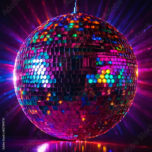 A close-up of a disco ball with vibrant reflections of light in hues of pink, blue, and purple, highlighting a festive and retro party atmosphere. Neon disco style photo