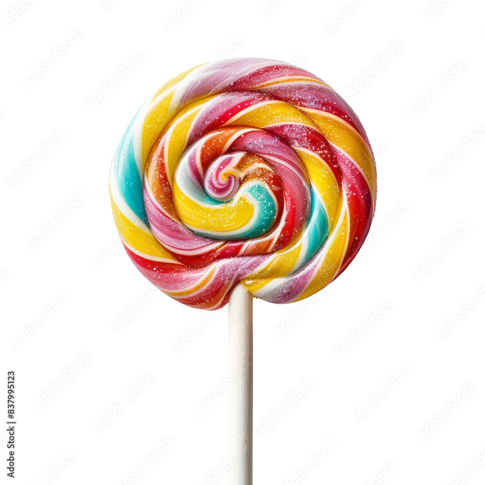 Colorful spiral lollipop with vibrant red, yellow, green, and pink swirls on a white stick, isolated on a white background.