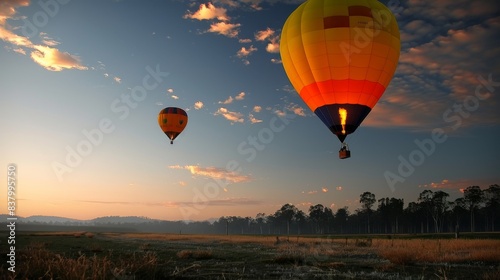 Two hot air balloons are flying in the sky above a field © Дмитрий Симаков