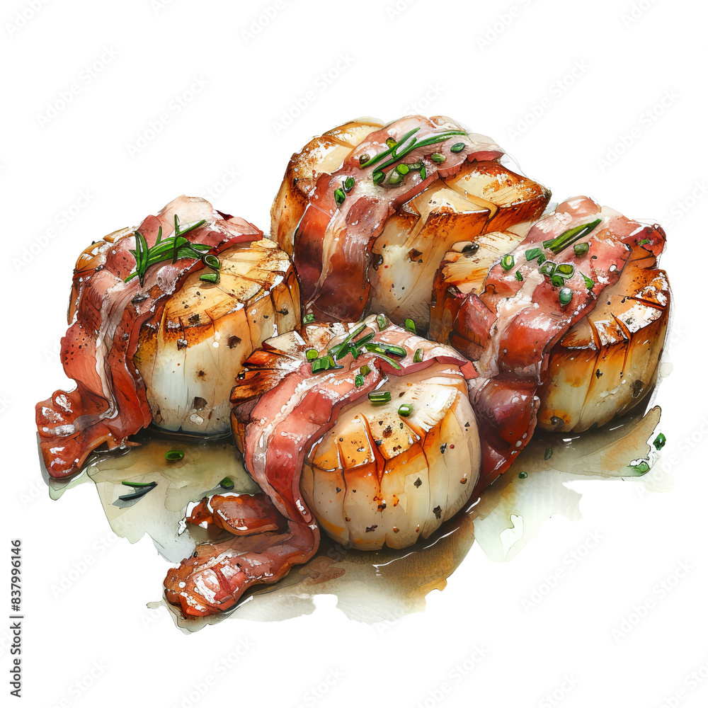 Delicious seared scallops wrapped in crispy bacon, garnished with fresh herbs. Perfect for gourmet dinner and seafood lovers. Delicious seared scallops wrapped in crispy bacon, garnished with fresh herbs. Perfect for gourmet dinner and seafood lovers.