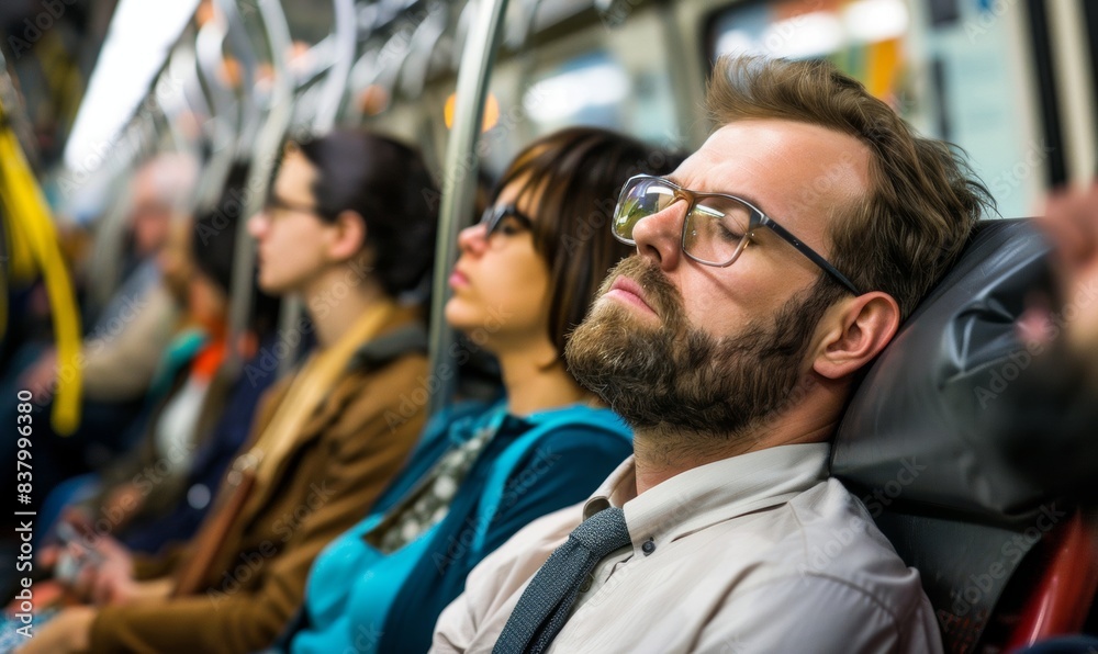 Group of commuters in a transportation environment who looked clearly tired Group of commuters in a transportation environment who looked clearly tired