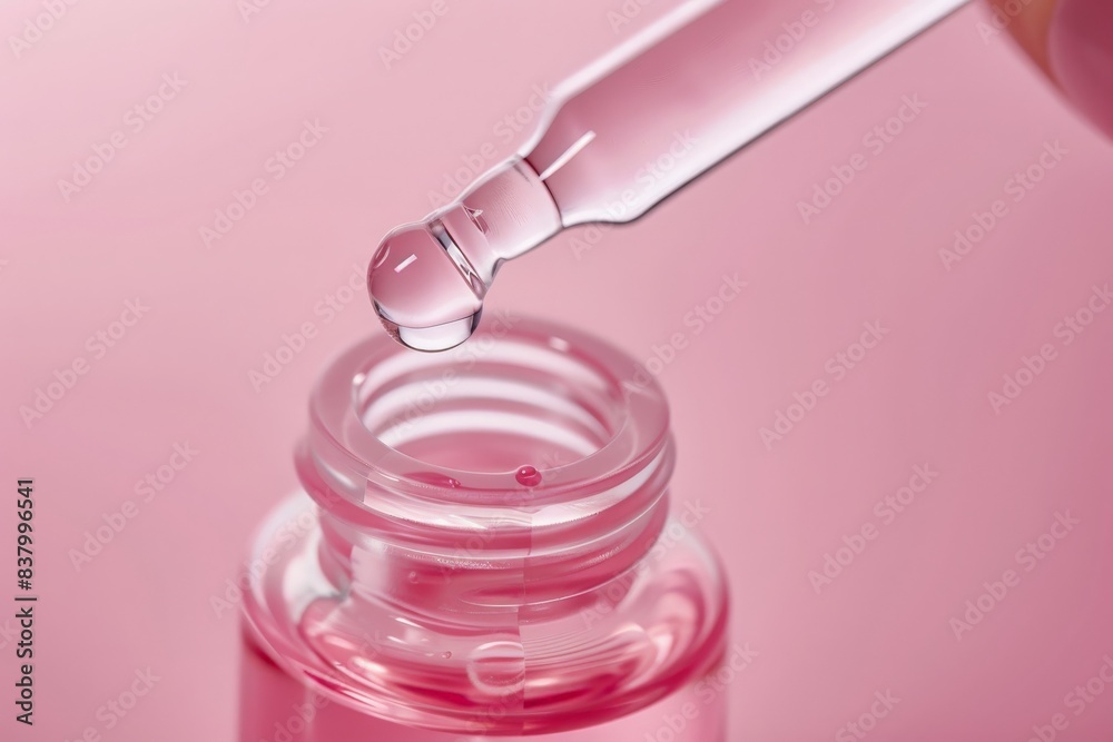 A dropper dispenses a single droplet of pink liquid, creating a perfect circle against a soft pink background. A dropper dispenses a single droplet of pink liquid, creating a perfect circle against a soft pink background.