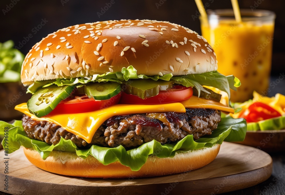 juicy classic cheeseburger fresh melted cheddar sesame seed bun, lettuce, tomato, pickles, savory, delicious, fast, food, beef, american, cuisine, tasty juicy classic cheeseburger fresh melted cheddar sesame seed bun, lettuce, tomato, pickles, savory, delicious, fast, food, beef, american, cuisine, tasty