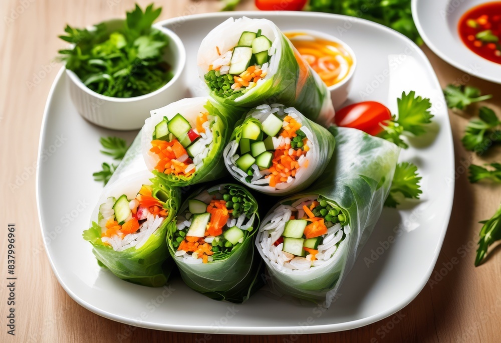 colorful fresh spring rolls dipping sauce white plate, appetizer, art, artistic, arrangement, aroma, asian, balance, basil, carrot, clean, composition colorful fresh spring rolls dipping sauce white plate, appetizer, art, artistic, arrangement, aroma, asian, balance, basil, carrot, clean, composition