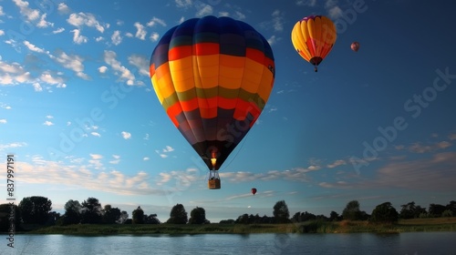 A hot air balloon is flying in the sky above a body of water