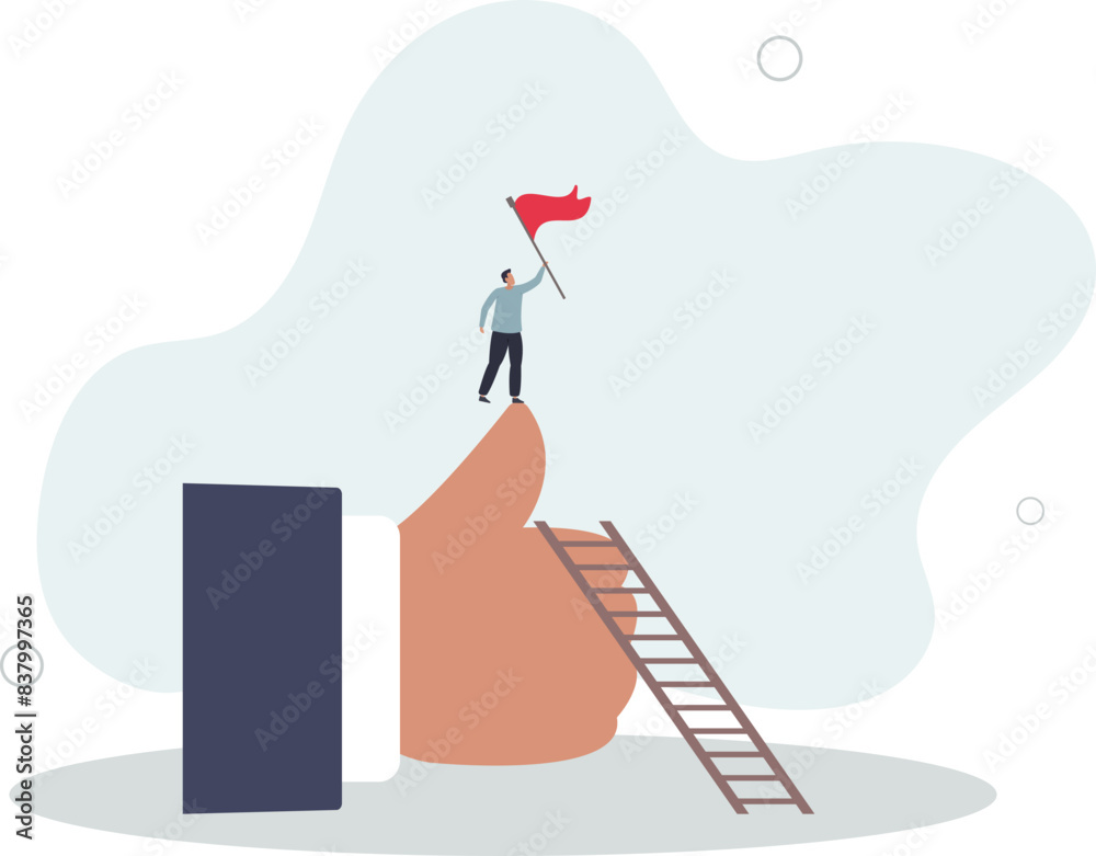 Fototapeta premium Success businessman climb up ladder of success to the top holding winning flag standing on thumb up .flat vector illustration.