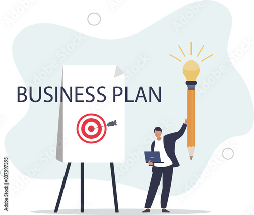 businessman holding lightbulb idea pencil about to write business plan on whiteboard.flat vector illustration.