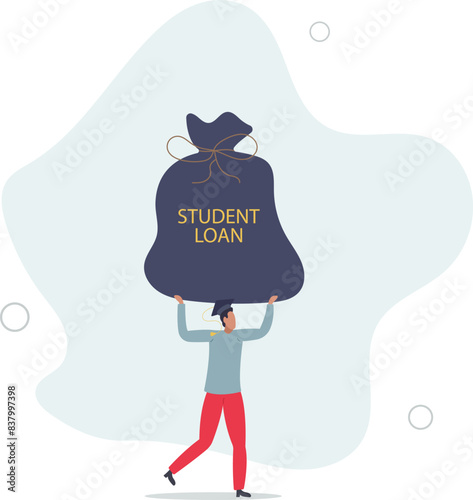 graduated student wearing graduation ceremony suit holding heavy expensive student loan money bag.flat vector illustration.