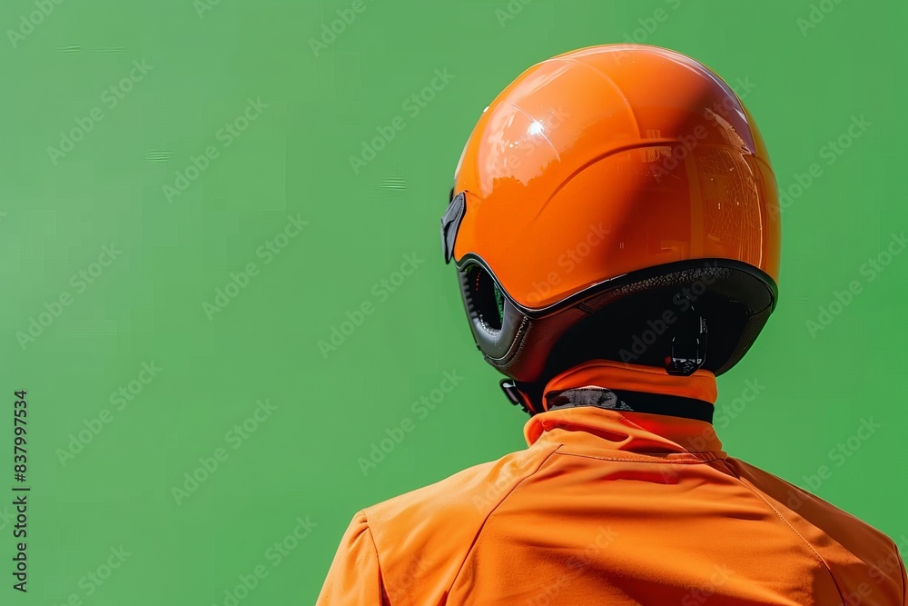 A close-up view of an orange jockeys helmet, captured from the back. The helmet is brightly colored and stands out against a green background.