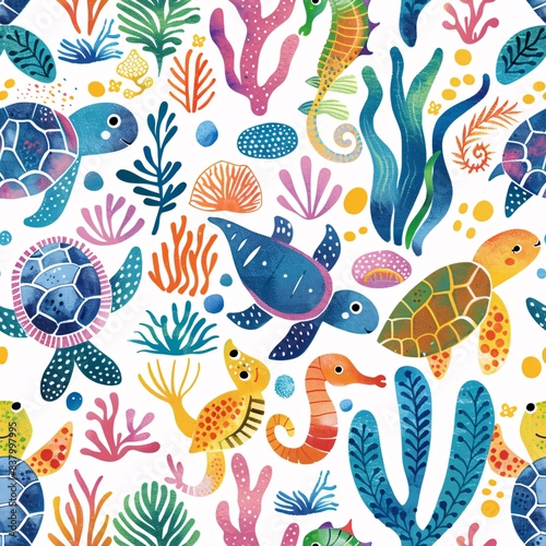 A playful underwater pattern with adorable turtles  seahorses  and seaweed in a whimsical style. The illustration features bright colors and a hand-drawn feel  creating a fun and energetic design.