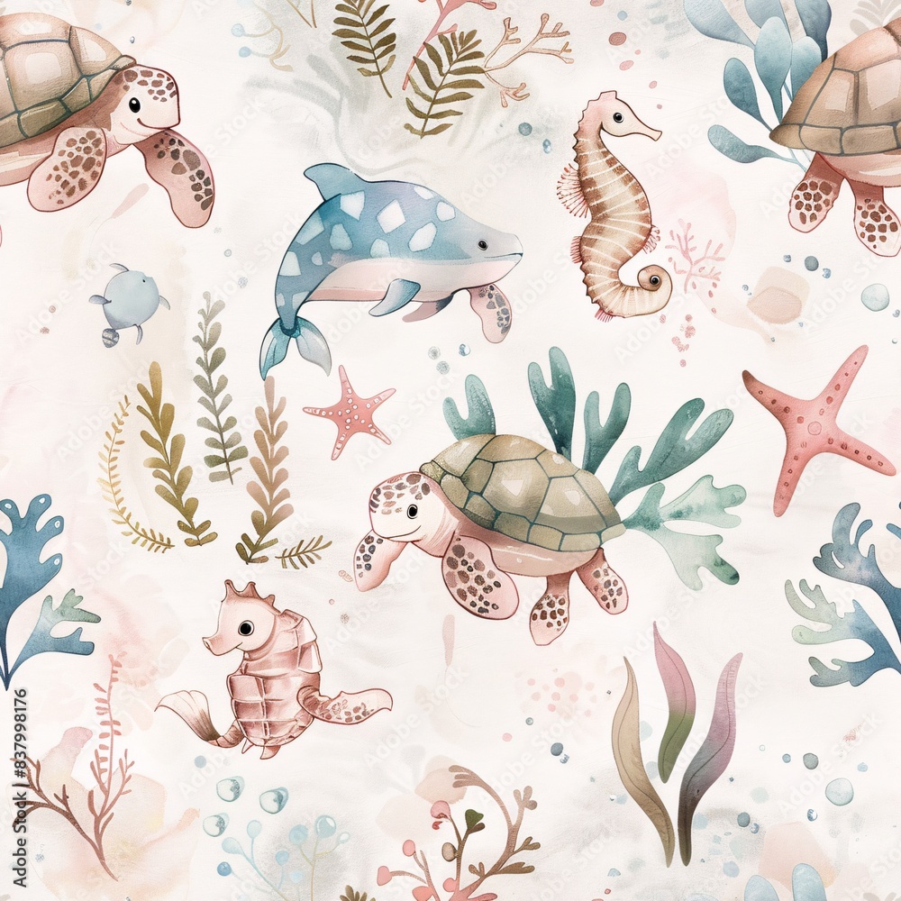 Obraz premium A delightful underwater pattern with adorable turtles, seahorses, and seaweed in a watercolor style. The illustration features soft, blended colors and a dreamy feel, creating a calming and