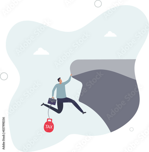 businessman holding briefcase holding and about to fall from cliff tied with heavy ball with text TAX.flat vector illustration.