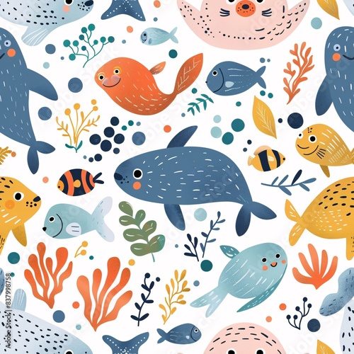 A cheerful underwater pattern with cute seals  Nemo fish  leaves  and seaweed in a hand-drawn style. The illustration features a whimsical mix of textures and playful lines in pastel colors  creating