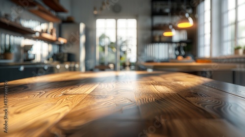 Polished wooden table top view with a softly blurred contemporary kitchen