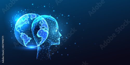 Innovative fusion, transparent humanoid head intersects with Earth, advanced AI, deep learning