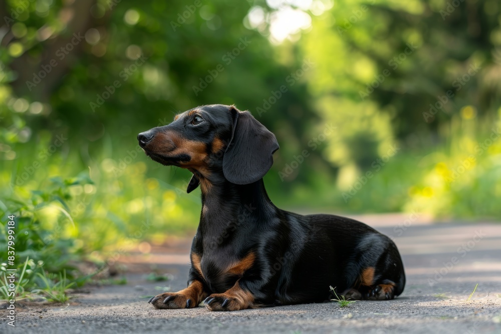 black purebred Dachshund dog on the road in the park in summer black purebred Dachshund dog on the road in the park in summer