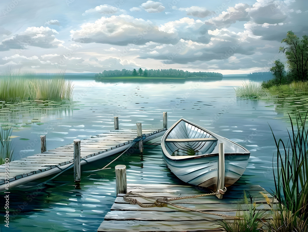 Obraz premium A serene lakeside dock with a rowboat tied up nearby