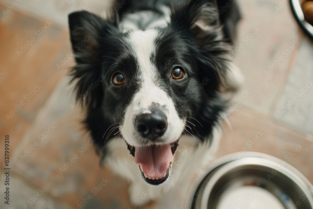 black and white border collie purebred dog near empty metallic bowl for food view from above in the modern minimal kitchen black and white border collie purebred dog near empty metallic bowl for food view from above in the modern minimal kitchen