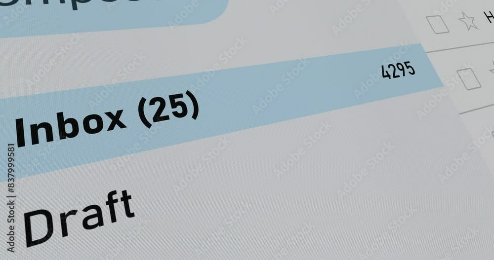Interface of email account close up, incoming mail folder with increasing number of emails, letter counter, footage