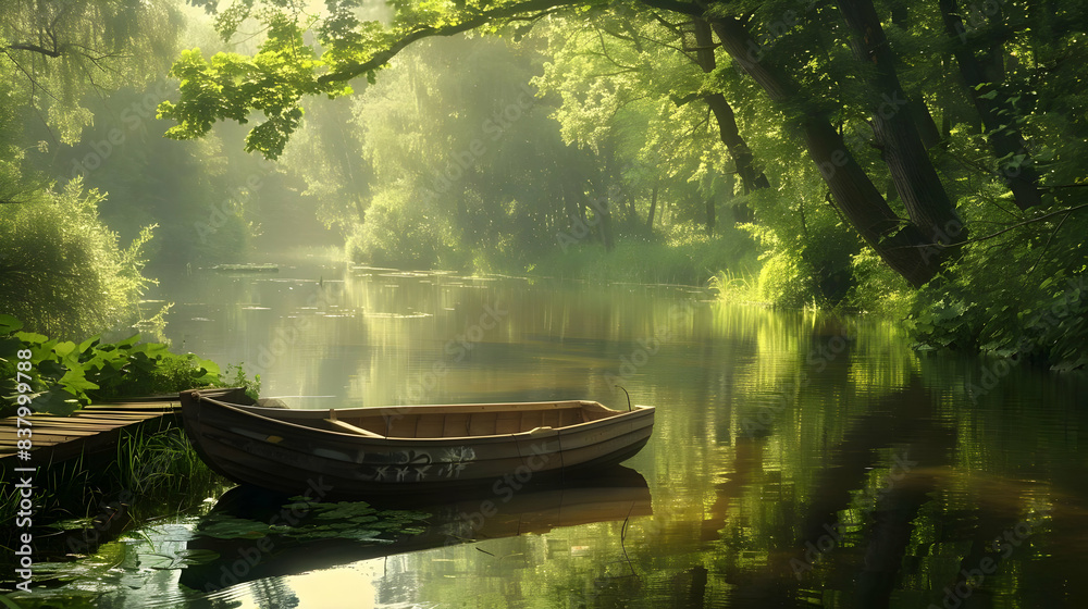 A peaceful riverbank with a rowboat tied to a dock A peaceful riverbank with a rowboat tied to a dock