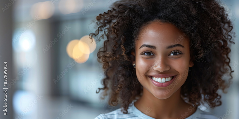 Woman with curly hair smiling Woman with curly hair smiling