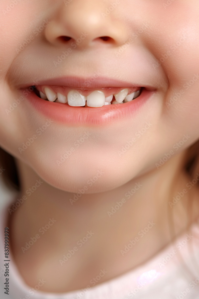 Obraz premium Child showing a bright smile with white teeth suitable for use in dental care, dentist services, children's oral hygiene, beauty, and healthcare promotions