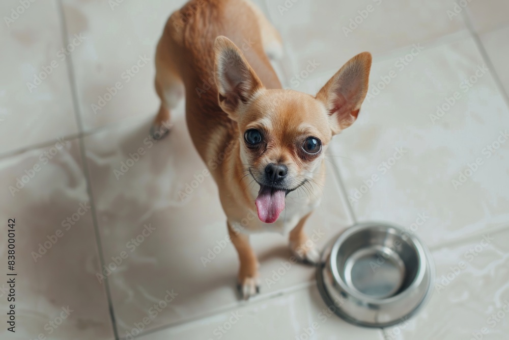 chihuahua purebred dog near empty metallic bowl for food view from above in the modern minimal kitchen chihuahua purebred dog near empty metallic bowl for food view from above in the modern minimal kitchen