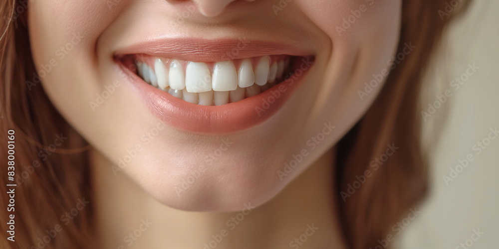 Close-up of a smiling woman with bright white teeth and light-colored lips, warm and friendly style, happiness and dental health concept, perfect for dental care promotions or beauty industry Close-up of a smiling woman with bright white teeth and light-colored lips, warm and friendly style, happiness and dental health concept, perfect for dental care promotions or beauty industry
